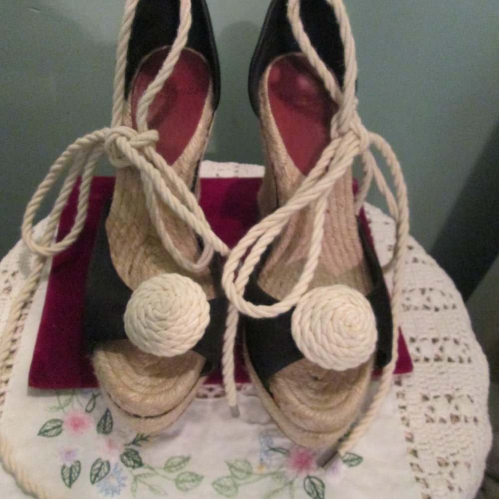 Kate Spade Black Satin Espadrilles Wedge Rope Lace Up Size 7